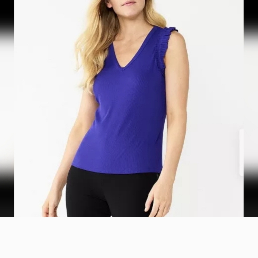 Nine West Sleeveless Jewel Purple Ribbed Tank XXL Ruffle Edge Bright